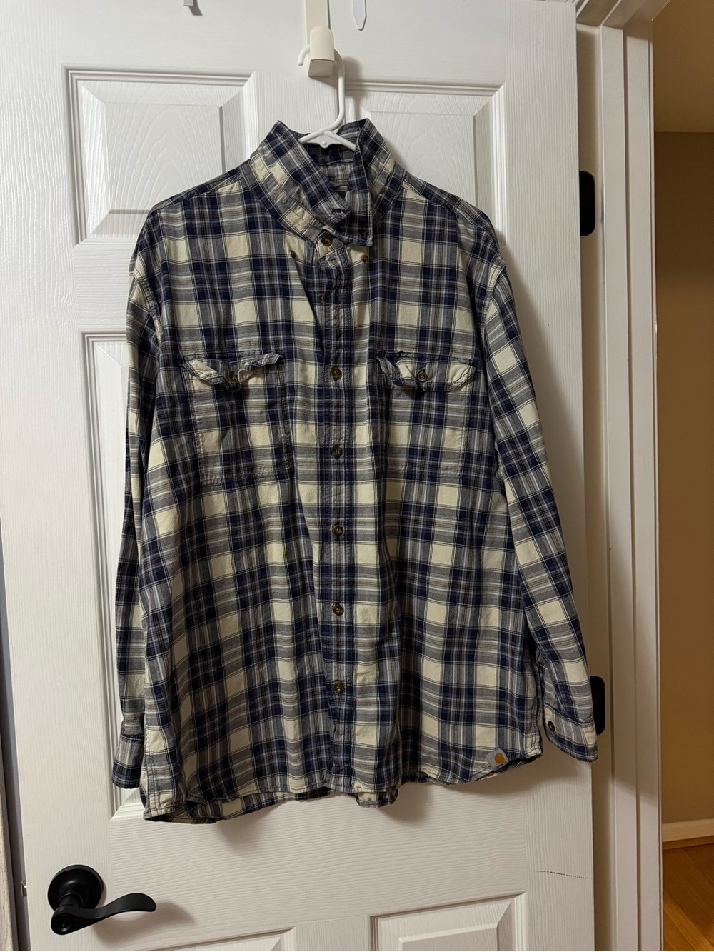 Carhartt Men's Navy and Cream Plaid Button-Down Shirt